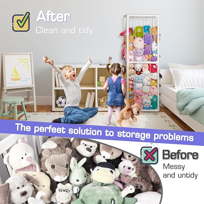 Trycooling Stuffed Animal Storage Zoo Holder Space Save Vertical PVC with Elastic Band and Net for Playroom Bedroom Nursery (White 1)