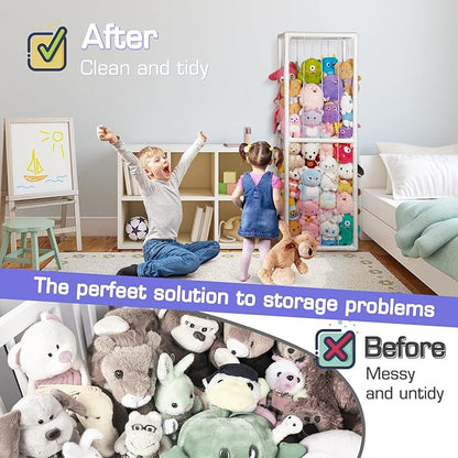 Trycooling Stuffed Animal Storage Zoo Holder Space Save Vertical PVC with Elastic Band and Net for Playroom Bedroom Nursery (White 1)