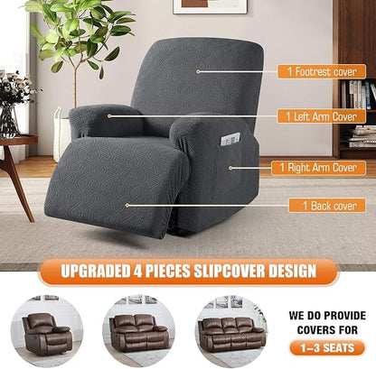 VANSOFY Oversized Recliner Chair Cover, 4-Pieces Stretch Recliner Covers for Recliner Chair Soft Reclining Chair Slipcover Jacquard Pattern Furniture Protector for Dogs Cats(Charcoal Gray)