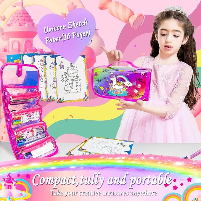 Kids Washable Scented Markers Set with Pencil Case, Kids Art Supplies Unicorn Markers Drawing Kits with Coloring Paper & Stickers for 4-8 Years Old Girls Birthday Gifts (Rainbow Unicorn, Multicolor)