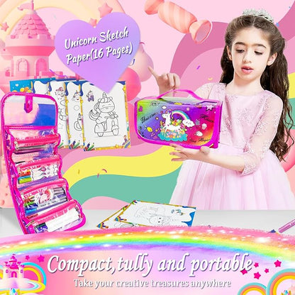 Kids Washable Scented Markers Set with Pencil Case, Kids Art Supplies Unicorn Markers Drawing Kits with Coloring Paper & Stickers for 4-8 Years Old Girls Birthday Gifts (Rainbow Unicorn, Multicolor)