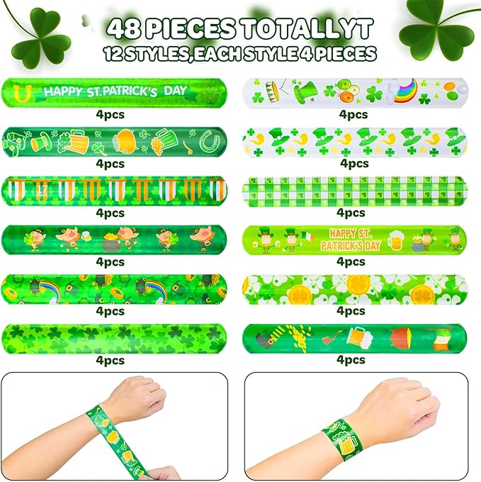 48pcs St. Patrick's Day Slap Bracelets, Lucky Shamrock Kids Snap Wristbands Toys for Irish St. Patty Party Supply