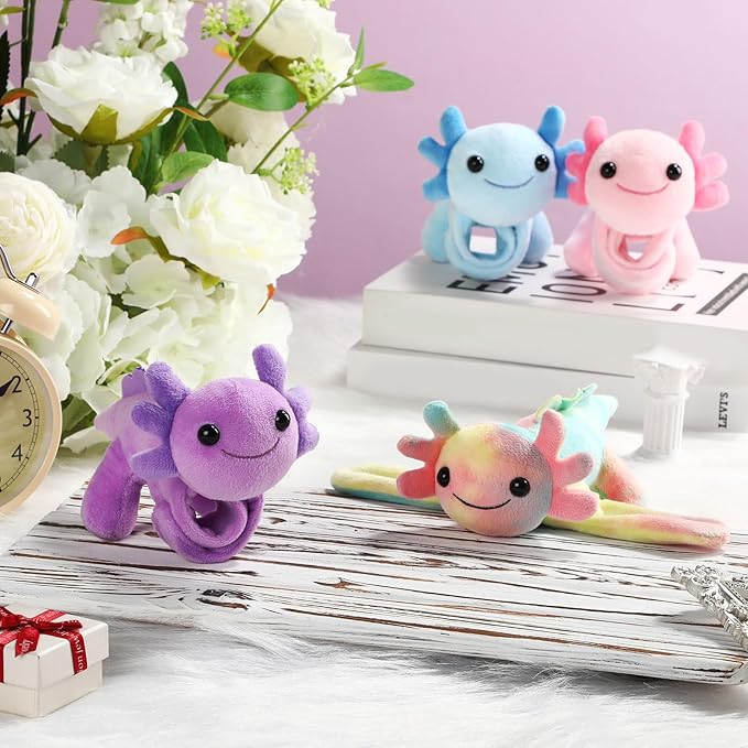 4 Pcs Huggers Salamander Butterfly Dinosaur Stuffed Animal Slap Bracelets for Kids, 8" Plush Animal Wrist Cute Snap Bracelets Bulk for Boys and Girls Birthday Gifts Party Favors (Salamander)