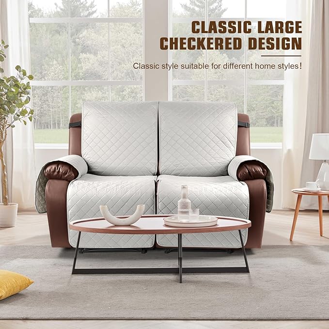KinCam Waterproof Loveseat Recliner Cover, Non-Slip Reclining Couch Covers for 2 Seat, Recliner Sofa Cover Furniture Protector with Elastic Straps for Kids, Pets, Beige