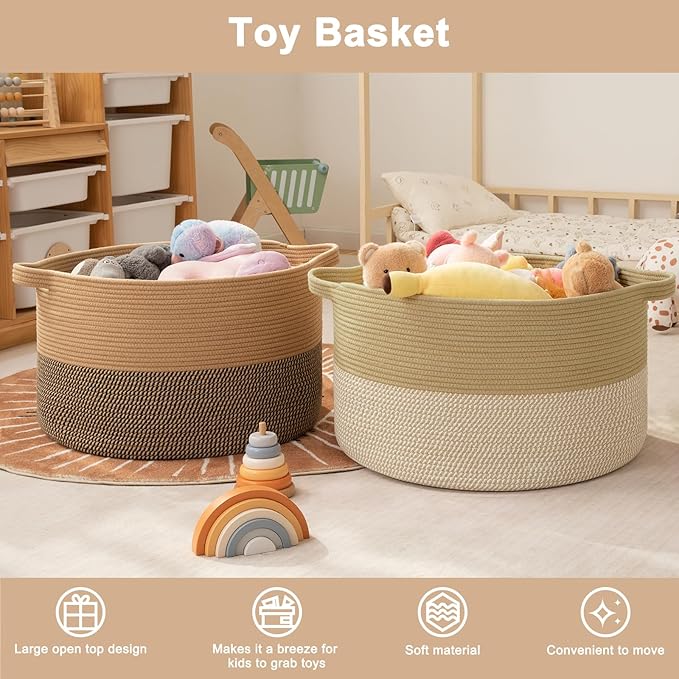 OIAHOMY 90L XXXLarge Blanket Basket for Living Room, 21.7" x 13.8" Woven Cotton Rope Laundry Basket for Organizing Pillows, Decorative Stuffed Animal Toy Storage Bin for Nursery, Jute and Black