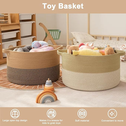 OIAHOMY 90L XXXLarge Blanket Basket for Living Room, 21.7" x 13.8" Woven Cotton Rope Laundry Basket for Organizing Pillows, Decorative Stuffed Animal Toy Storage Bin for Nursery, Jute and White