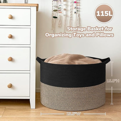Goodpick 115L Extra Large Blanket Basket, 23.5"x23.5"x15.8" Woven Rope Basket for Storage, Kids Toy Storage for Nusery Room