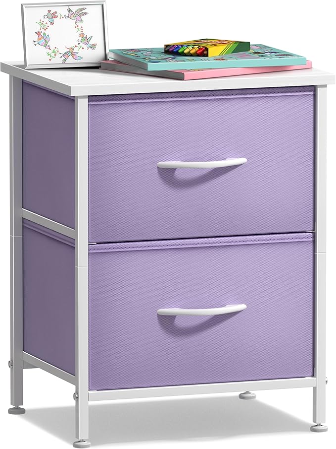 Sorbus Nightstand with 2 Drawers - Kids Bedside Furniture End Table Night Stand - Steel Frame, Wood Top & Easy Pull Fabric Bins - Dresser & Chest for Home, Bedroom Accessories, Office & College Dorm