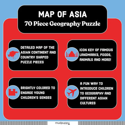 Mudpuppy Map of Asia – 70 Piece Geography Puzzle with Country-Shaped Pieces and Iconic Landscapes Cultural Items and More