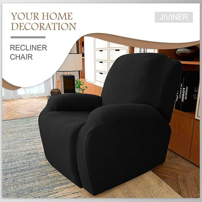 JIVINER Oversized Recliner Chair Covers 4 Piece Stretch Lazy Boy Recliner Sofa Slipcover Jacquard Large Recliner Covers with Elastic Bottom Soft Furniture Protector (XL Recliner,Black)