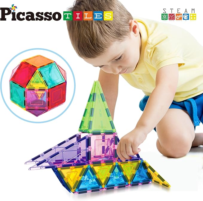 PicassoTiles Magnet Tile Building Block Set Magnetic Construction Square Triangle Tiles Toy Kit Sparking Creativity Geometric Shapes STEM Educational Learning Brain Development Kids Ages 3+ PB36