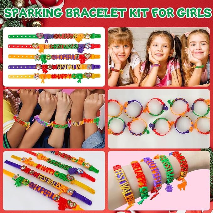 DIY Friendship Bracelet Making Kit for Girls, Charm Kids Wrist Band Making Kit with Stickers, 4 Color Letters, Icons & 5 Straps, Christmas Gifts, Fun Craft Activity for Girls Birthday & Party