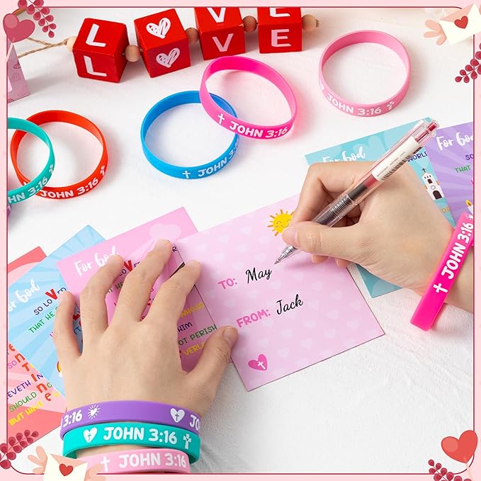 WATINC John 3: 16 Valentine's Day Cards with Bracelets Gift Set, 36 Pack Religious Wristbands Bulk Exchange Gifts, Christian Valentine Classroom Prize Award Sunday School Party Favor Supplies for Kids