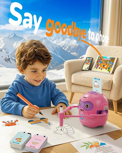 Drawing Robot for Kids, Rechargeable 4-in-1 Draw/Learn/Spell/Music Interactive Educational Robot Drawing Machine with 100 Cards & 12 Color Pens, Learning Toys for 3-8 Year Old Boys Girls Birthday Xmas
