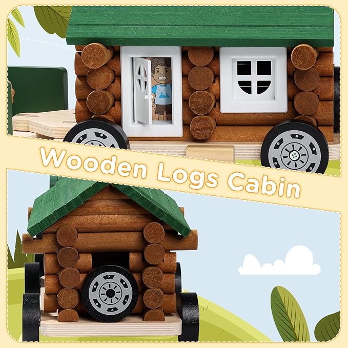 SainSmart Jr. Wooden Truck Building Playset for Kids, Vintage Camper RV Compatible with Lincoln Logs, STEM Educational Toy, Perfect Retro Gift for Ages 3+