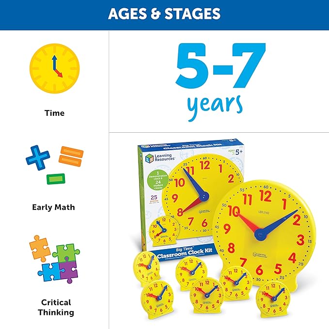 Learning Resources Classroom Clock Kit -25 Pieces, Ages 5+ Clock for Kids, Learning to Tell Time, Clocks for Teaching Time, Teacher and Classroom Supplies