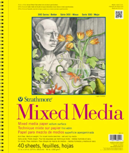 Strathmore 300 Series Mixed Media Paper Pad, Side Wire Bound, 11x14 inches, 40 Sheets (117lb/190g) - Artist Paper for Adults and Students - Watercolor, Gouache, Graphite, Ink, Pencil, Marker