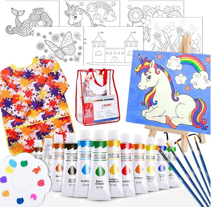 J MARK Pain Set for Kids – Acrylic Kids Painting Kit with Storage Bag, Washable Paints, Easel, Canvases, Brushes and More, Complete Kids Painting Set