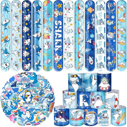 74 PCS Shark Party Favors 24 Shark Slap Bracelets, 50 Shark Stickers Shark Birthday Party Decorations, Supplies, and Gifts for Kids, Classroom Rewards