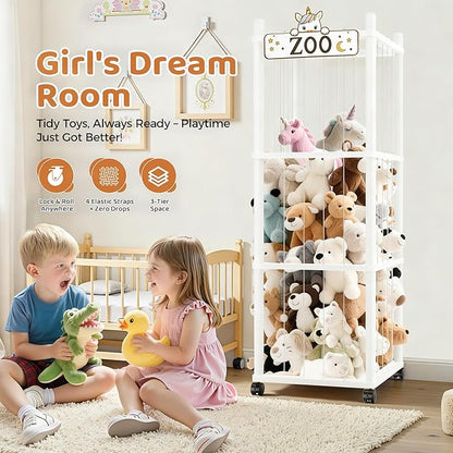 Stuffed Animal Storage Zoo Tower,56In Wooden Large Stuffed Animal Holder Organizer with Wheels,Stuffy Plushies Storage with Elastic Band&Mesh Bottom,Toy Storage Organizers for Playroom Nursery（White）