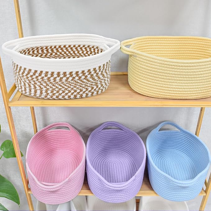 ABenkle Small Basket, 12"x 8" x 5" Cute Small Woven Basket, Rope Room Shelf Storage Basket, Cat Dog Toys Basket Chest Box, Decorative Empty Gift Basket with Handles
