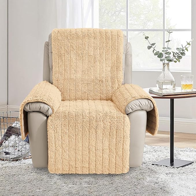 RBSC Home Plush Recliner Slipcover 30 Inches Beige Chair Covers Artificial Wool Lazy Boy Cover Quilted Cover for Recliner Chairs and Furniture Soft Warm