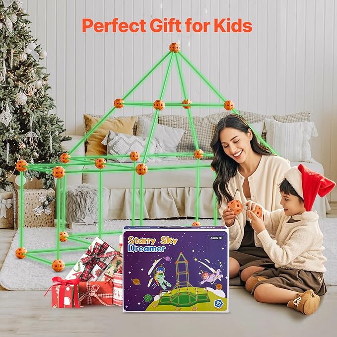 VEVOR Fort Building Kit for Kids, 85PCS Glow in The Dark STEM Building Toys, Educational Gift for 4 5 6 7 8+ Year Old Boys & Girls, Indoor Outdoor Play Tent Construction Toys with 55 Rods and 30 Balls