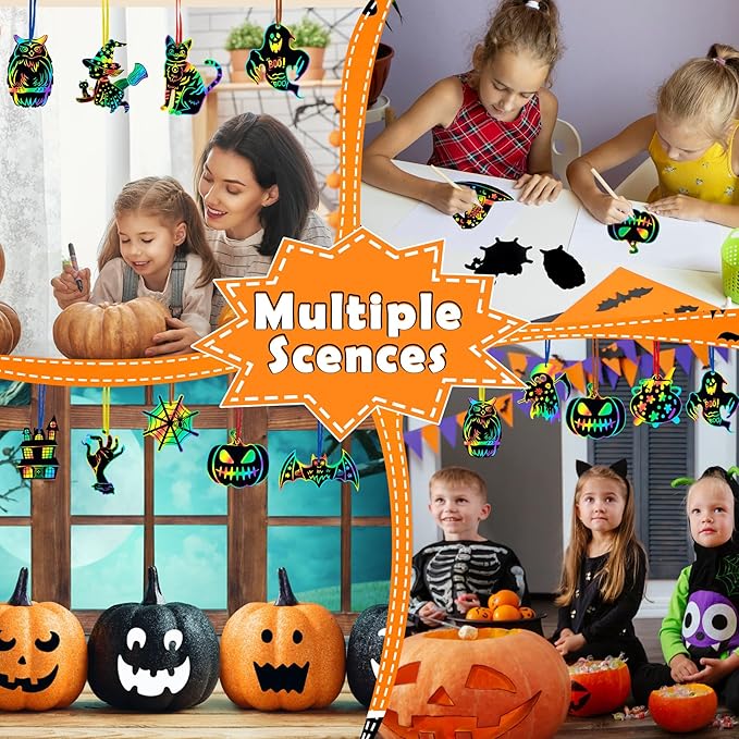 Halloween Scratch Paper Art Set - 48 Pcs Halloween 12 Design Magic Rainbow Scratch Off Cards for Kids, Hanging Ornaments for Halloween Party Favors Activities