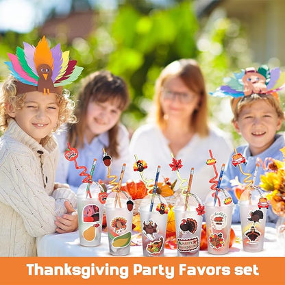 24 Set Fall Pumpkin Party Favor Thanksgiving Party Supplies Maple Turkey Keychain Pencil Straw Sticker Silicone Bracelet for Thanksgiving Goodie Bag Fillers Classroom Gifts