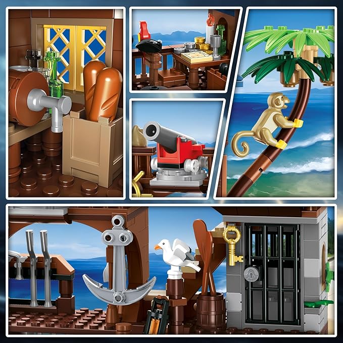 3 Style Pirate Ship Wharf Building Toy with LED Light - 781PCS Medieval Pirate's House Building Block Set, Architecture Bricks Kit for Kids Girls Boys Ages 6-12+ Birthday Gifts
