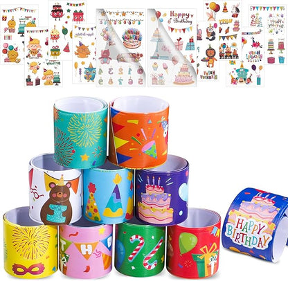 30pcs Happy Birthday Slap Bracelets with 10pcs Tattoo Stickers for Kids Birthday Party Favors Classroom School Favors Prizes Exchanging Favors