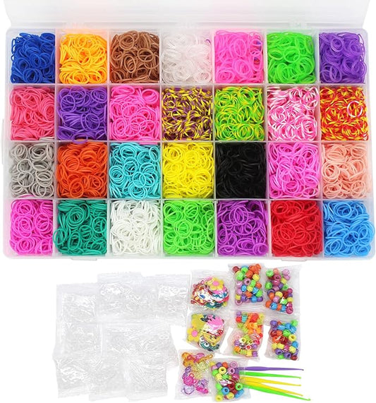 Rubber Bands 10,000pcs Rubber Loom Bands Barcelet Making Kit, 500pcs S-Clips,175pcs Colorful Beads, 24pcs Small Pendants in 1 Transparent Box(Color Set-A)