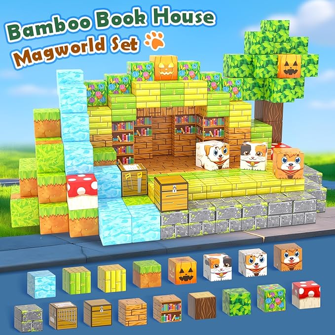 Gooidea Large Magnetic Blocks 1" Building Cubes Toys for Kids Ages 4-6 5-7 8-12, Magworld Bamboo House Building Craft Construction Toy Set, Creative Sensory Toys Game Gift for 3+ Year Old Boys Girls