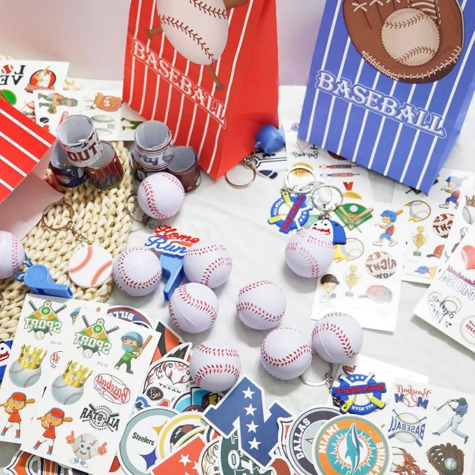 122 PCS Baseball Party Favors, Baseball Party Gifts with Mini Baseballs, Baseball Slap Bracelets, Key Chains, Whistles, Tattoos and Stickers, Baseball Birthday Decorations
