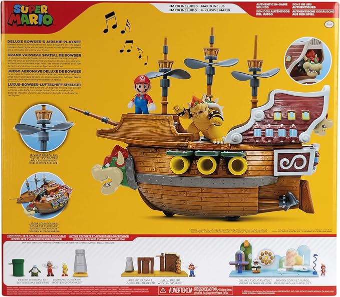 Super Mario Deluxe Bowser's Air Ship Playset with Mario Action Figure – Authentic in-Game Sounds & Spinning Propellers