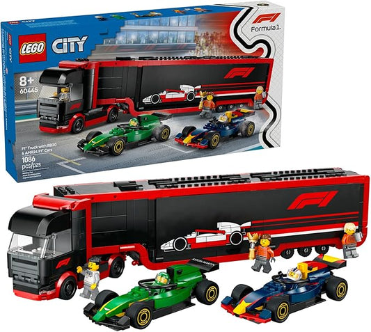 LEGO City F1 Truck with RB20 & AMR24 F1 Car Toys - Model Car Building Toy Set for Kids, Boys and Girls, Ages 8+ - F1 Collectible for Fans - Gift Idea for Birthdays - 60445