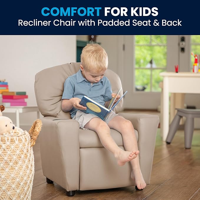 Flash Furniture Chandler Vinyl Kids Recliner with Cup Holder and Safety Recline, Contemporary Reclining Chair for Kids, Supports up to 90 lbs., Beige