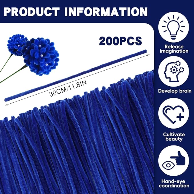 200 Pcs Pipe Cleaners Chenille Stems, Blue Pipe Cleaners, 11.8inch Long Craft Pipe Cleaner Bulk for Flowers Making, Mother’s Day DIY Art Crafts Decorations Supplies (Blue)