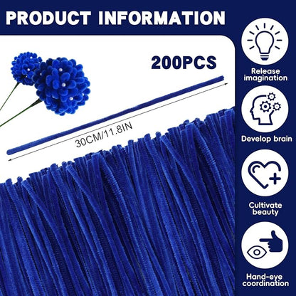200 Pcs Pipe Cleaners Chenille Stems, Blue Pipe Cleaners, 11.8inch Long Craft Pipe Cleaner Bulk for Flowers Making, Mother’s Day DIY Art Crafts Decorations Supplies (Blue)