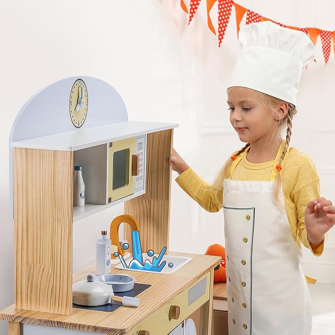 Kitchen Playset for Kids Ages 3-8, Wooden Pretend Play Kitchen with Cooking Accessories, Dimensions: 38” H x 31” W x 12” D