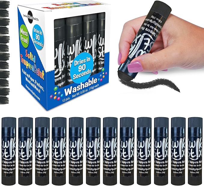 Kwik Stix Solid Tempera Paint Sticks – 12 Pack of Black – Same Color Washable, Quick Dry (90 Seconds), ASTM Certified, Non-Toxic, Allergen-Free Kids & Toddler Art Supplies for Home, School & Crafts