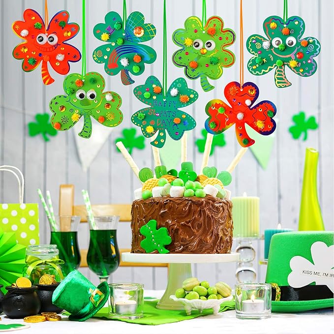 36 Sets Magic Color Scratch Art Shamrock Ornaments Craft Kits St. Patrick's Day Decorations Lucky Shamrock Four-Leaf Clover Ornaments Pom-poms Googly Eyes for Kids Classroom Home Activity Art Project