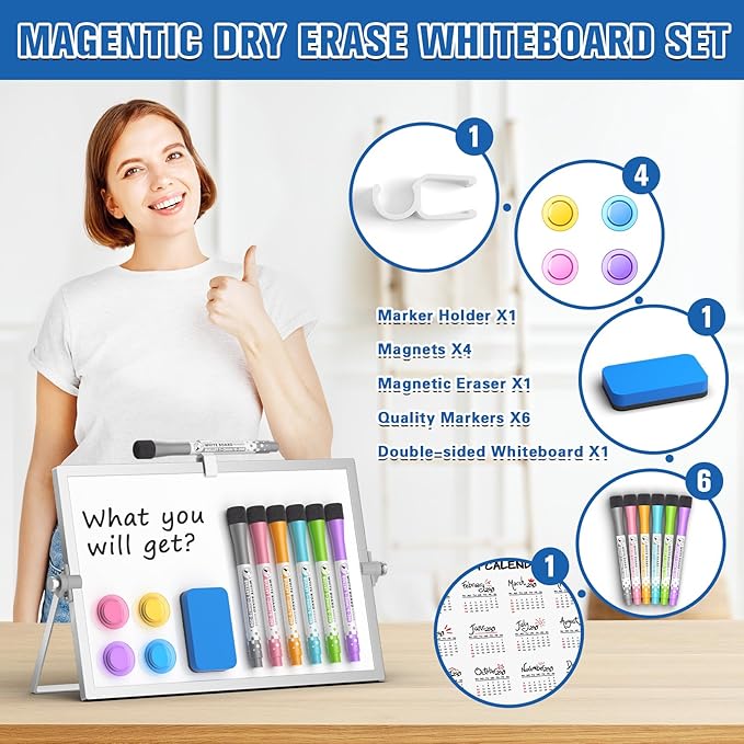 Grtard Small White Board, 12''x 8'' Small Dry Erase Board for Kids, Magnetic Dry Erase Board with Stand, Desktop Whiteboard with Stand, Desk Whiteboard, Double-Sided White Board for Kids, ToDo List