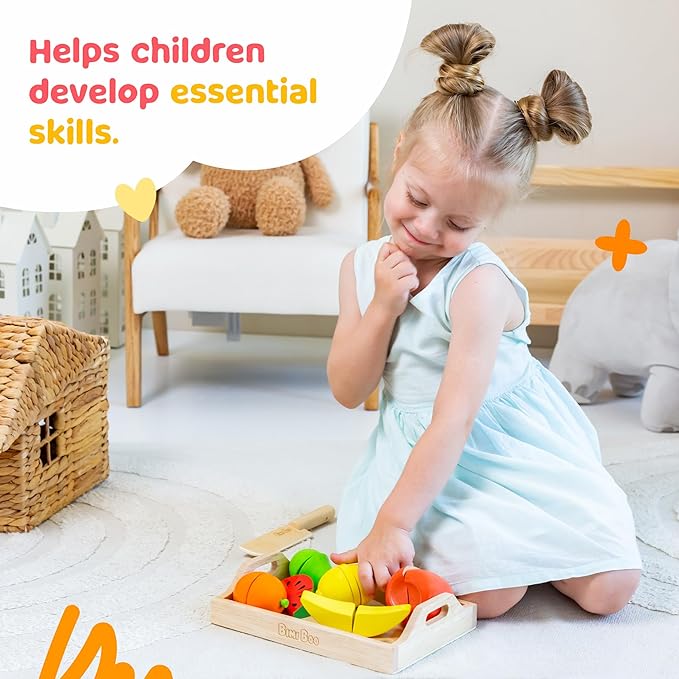 Bimi Boo Wooden Cutting Fruit Set Toy - Play Food Kitchen Accessory, Pretend Play for Toddlers (6 Fruits, Knife, Cutting Board, and Storage Tray)