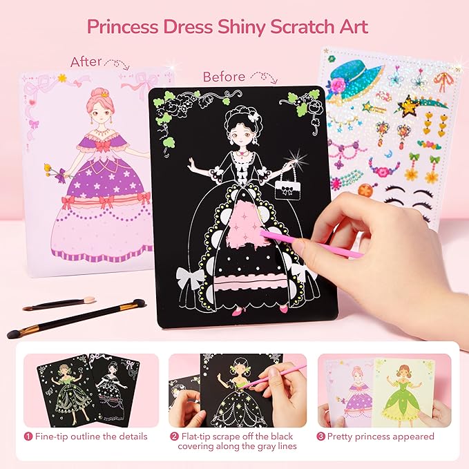 Mideer 4 in 1 Art Craft Kits for Kids, Princess Dress Up Game Set with Diamond Painting & Scratch Paper Art, Paper Fantasy Makeup Activity Art Craft Kits for Girls Age 3 4 5 6 7 8