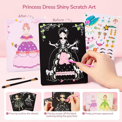 Mideer 4 in 1 Art Craft Kits for Kids, Princess Dress Up Game Set with Diamond Painting & Scratch Paper Art, Paper Fantasy Makeup Activity Art Craft Kits for Girls Age 3 4 5 6 7 8