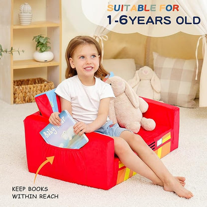 MallBest Kids Sofas, Extra Wide Toddler Couch Bed - 2 in 1 Baby Convertible Foam Chair to Lounger,Toddler Couch for Boys and Girls,Red/Fire Truck