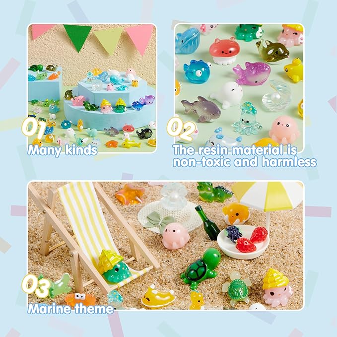 JOYIN 50 Pcs Mini Ocean Resin Animals Figures, Mini Sea Animals Figurines for Aquarium Ornaments Decorations, Cute Garden Accessories, Birthday School Slime Charms for Crafts, DIY Miniature Scenes