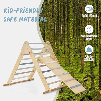 OLAKIDS Pikler Triangle Set 3 in 1 Climbing Toys for Toddlers Foldable Wood Montessori Baby Jungle Gym with Ramp Ladder Slide Kids Indoor Playground Activity Play Structure