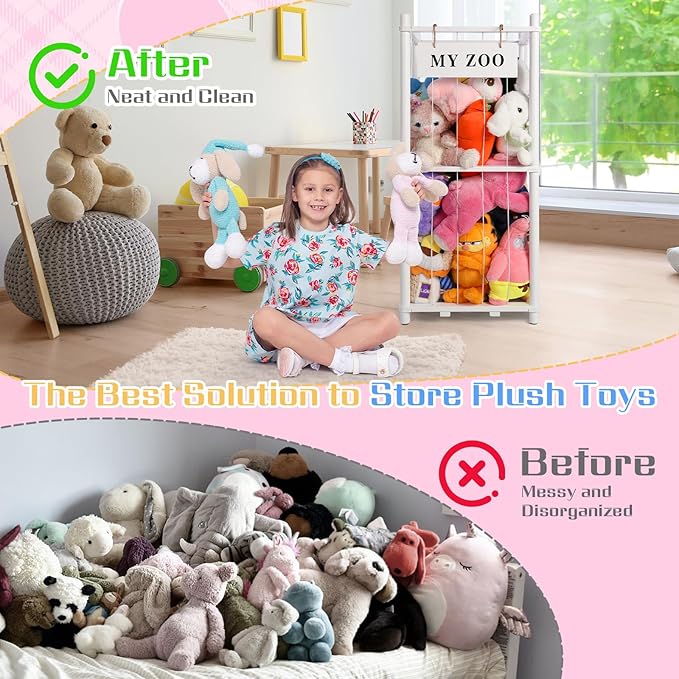 GLDZI Stuffed Animal Storage Zoo, Wooden Stuffed Animal Organizer with Elastic Cords for Boys Girls, Space Saving Toy Plushies Storage Holder for Playroom, Bedroom, Living Room (White, Small)